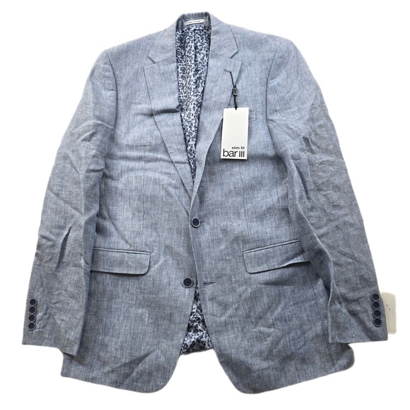 Bar III Slim-Fit Linen Suit Jacket Mens 38L Blue Textured Sport Coat $360 NEW